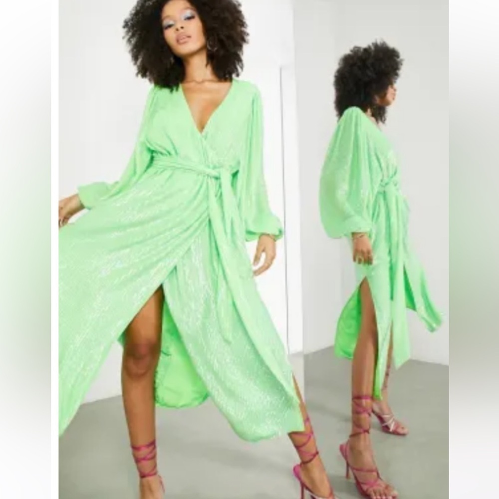 ASOS EDITION crystal sequin wrap midi dress with belt in lime green size 2